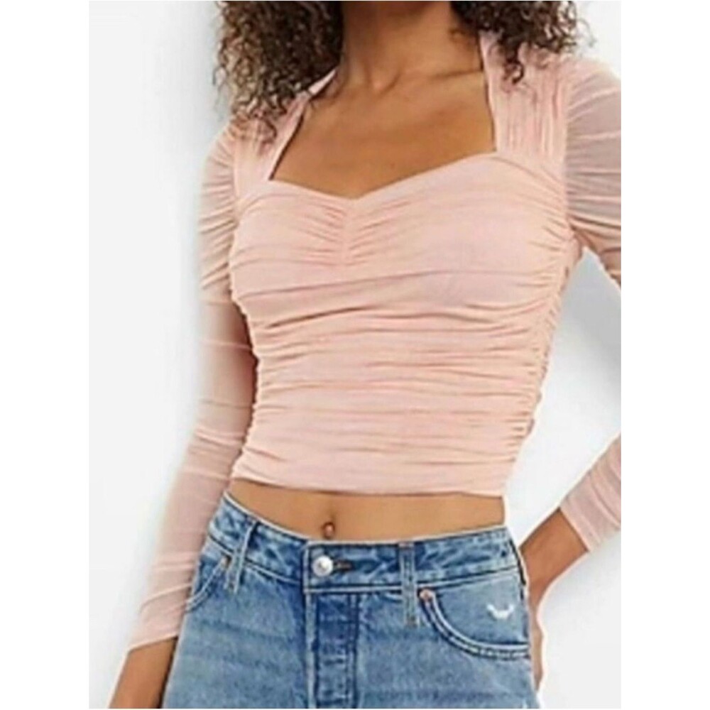 Express Body Contour Ruched Mesh Overlay Square-Neck Long Sleeve Top Blush- S